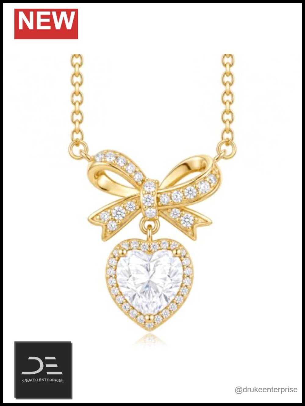 14K Gold Plated Heart Pendant Necklace with Crystal Bow